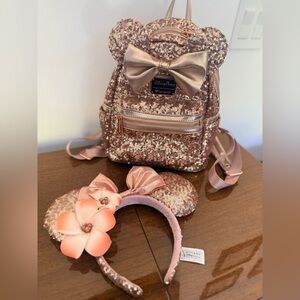 Loungefly Disney parks Rose Gold Sequin Backpack and Headband Set